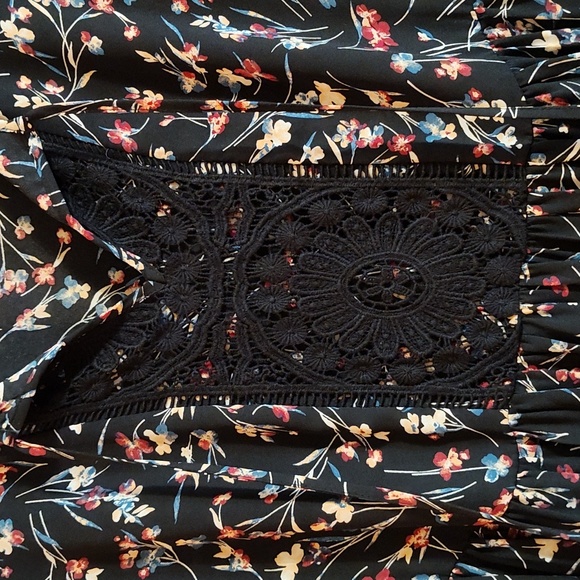 Daniel Rainn Tie Neck Floral Babydoll Dress Crochet Tassels Navy Pink Blue Large - Picture 4 of 13